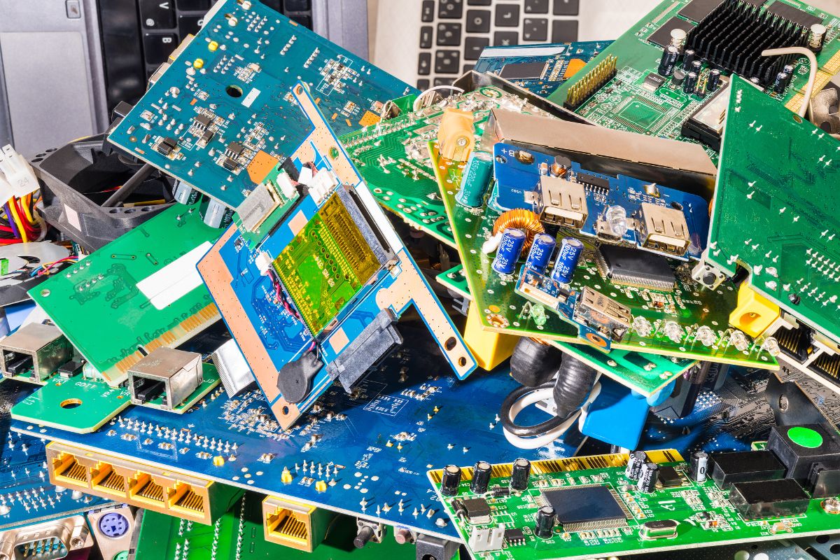A desk scattered with electronic components, representing the importance of e-waste disposal services in Fresno, CA.